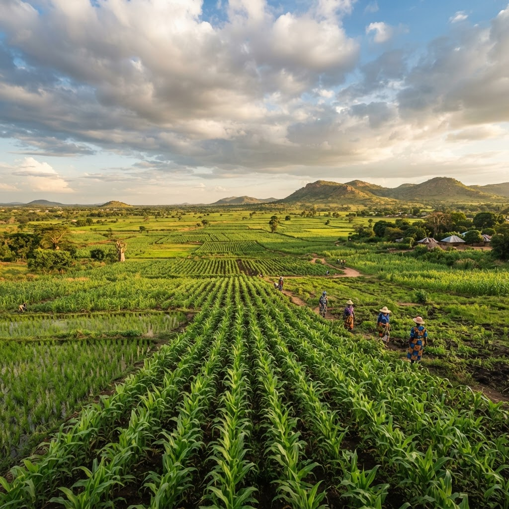 Wide view of lush Nigerian farmland under a dramatic sky